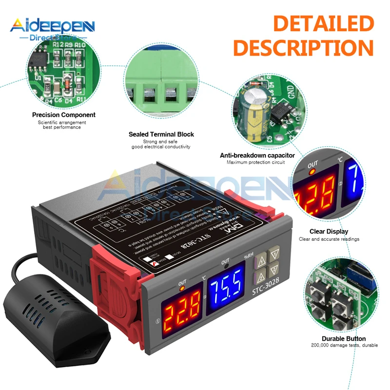 STC-3008 3018 3028 AC 110V 220V DC 12V 24V 10A Двойной Цифровой температурный контроллер гигрометр Отопление охлаждение два релейных выхода
