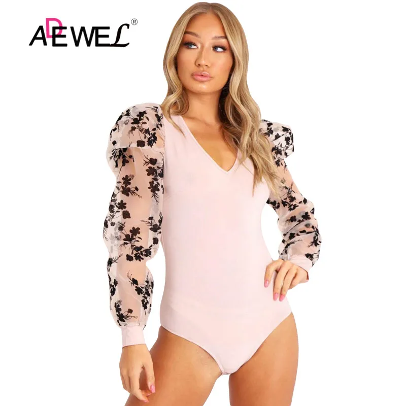 Женский Длинный сетчатый боди ADEWEL черный облегающий комбидресс с цветочным
