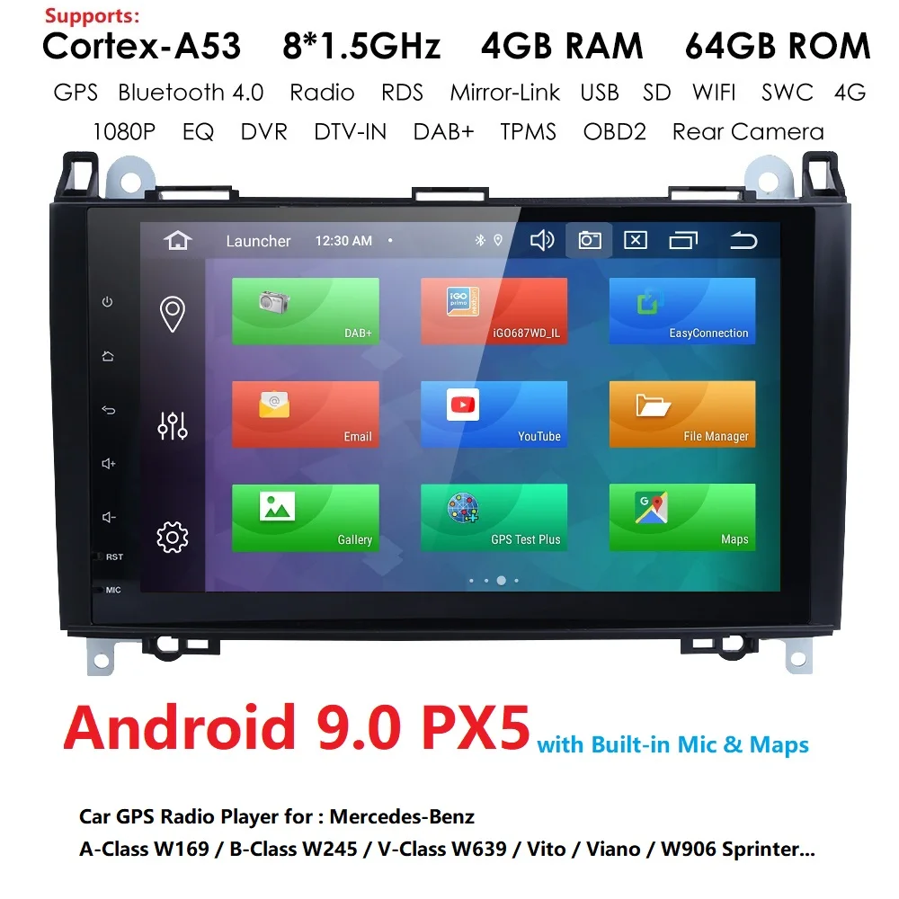 DSP ips PX5 4G ram 64G rom Android 9,0 2din автомобильное радио для машины мультимедийный плеер для Mercedes Benz B200 A B Class W169 W245 Viano Vito W639 Sprinter W906 wifi gps Navi головное устройство TPMS RDS OBD2