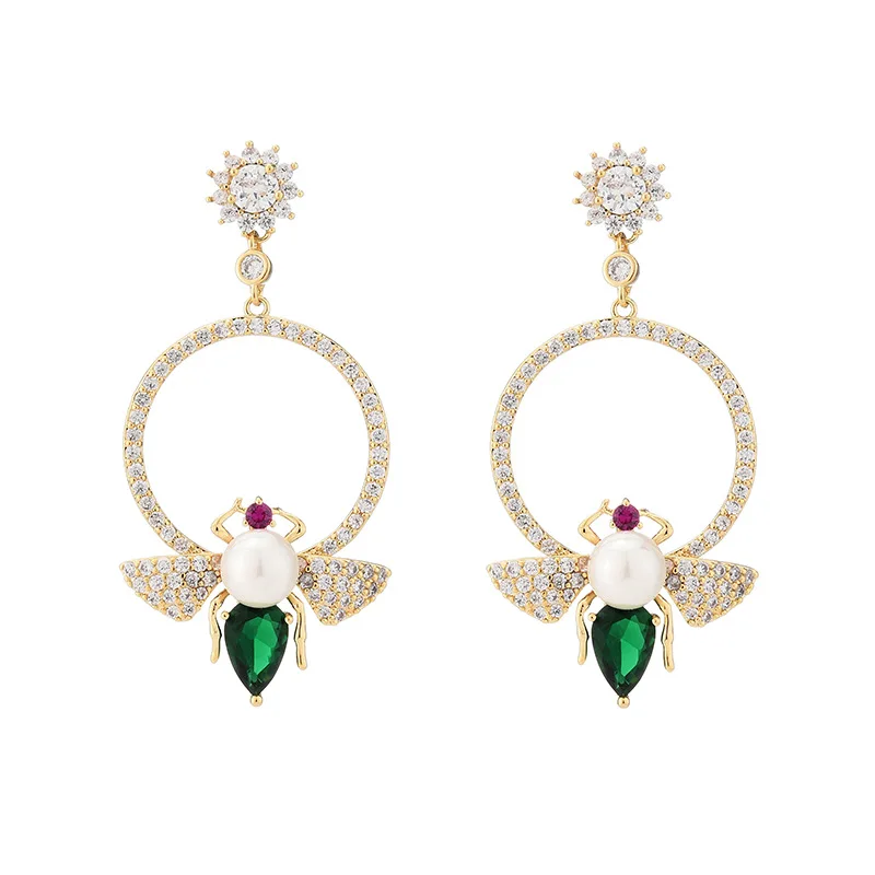 

Cute Circle Bee Earrings Silver Pin Wedding Jewellery Full Diamond Insect Pearl Dangle Earings Women Fashion Stud Earring