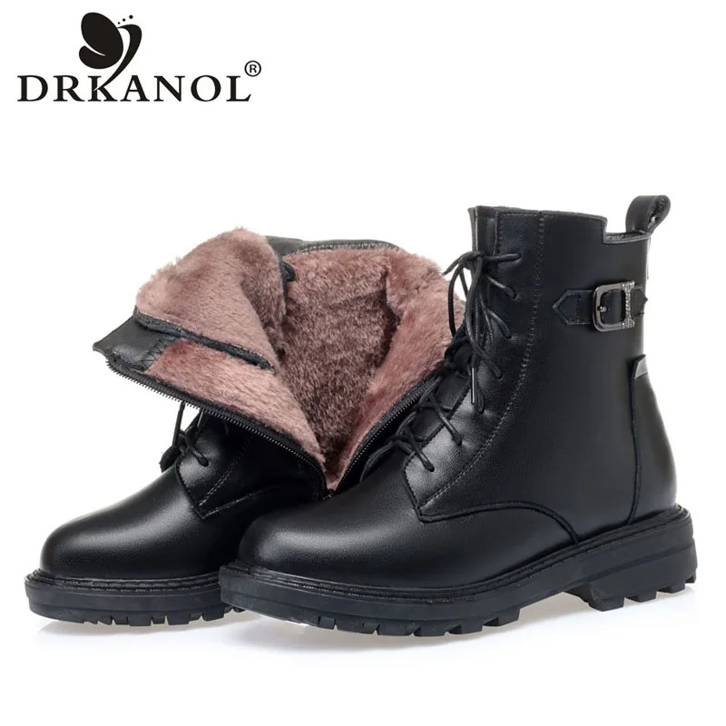 

DRKANOL Fashion Winter Warm Thick Heel Snow Boots Women Belt Buckle Rhinestone Genuine Leather Ankle Boots Women Fur Shoes 35-43