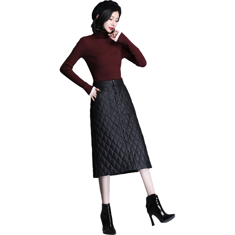 

Womens 2021 High Waist Autumn Winter Saia Casual Loose Quilted Padded Button Midi A-Line Skirts Female Flare Swing Streetwear