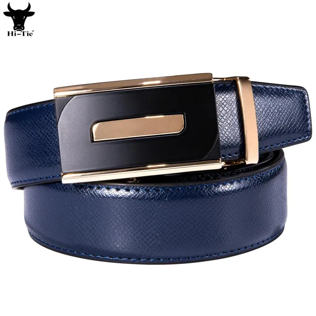 Hi-Tie Navy Blue Genuine Leather Mens Belts Gold Automatic Buckles Ratchet Waistband Belt for Men Dress Jeans Wedding Business