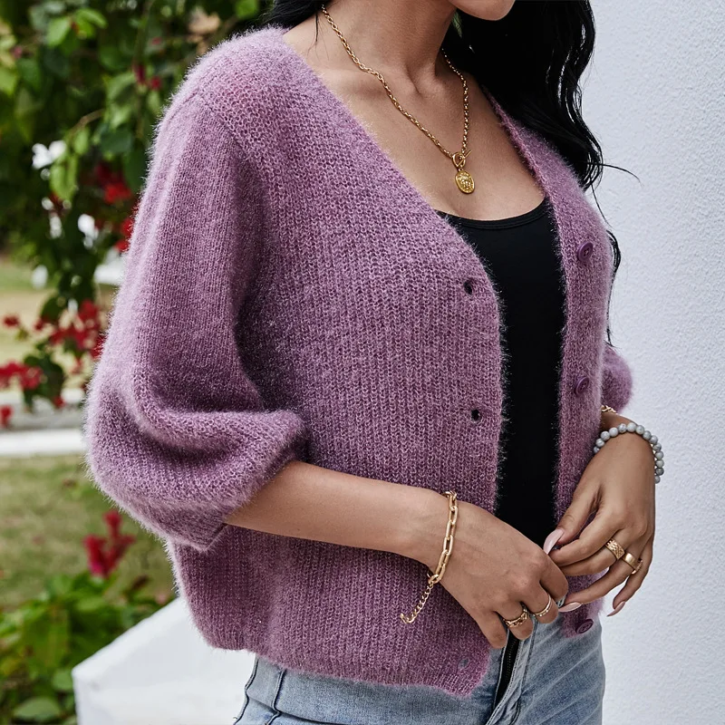 

Donsignet Women Sweater Fashion Spring/Autumn V-neck Breasted Solid Color Short Knit Three-quarter Sleeves Office Lady Sweater