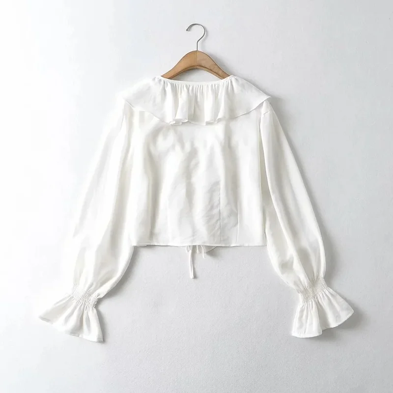 

Summer Spring New Temperament Hedging Ruffled V-neck Lace-up White Lace-up Trumpet Sleeve Long-sleeved Top Beach Top Crop Top