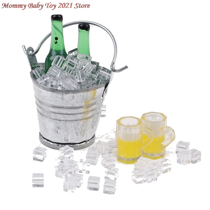 

1:12 Dollhouse Miniature Beer Bottle + Bucket + Ice Cube + Cups Play House Food Toy Doll House Accessories