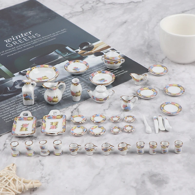 

2022 40Pcs 1:12 Dollhouse Miniature Tableware Porcelain Ceramic Tea Cup Dishes Set Simulation Kitchen Toys
