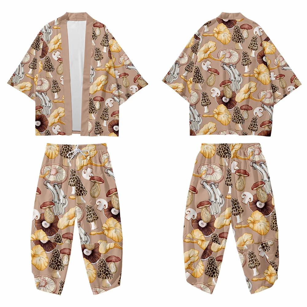 Кимоно с принтом в виде грибов для мужчин и женщин свободные японские штаны стиле