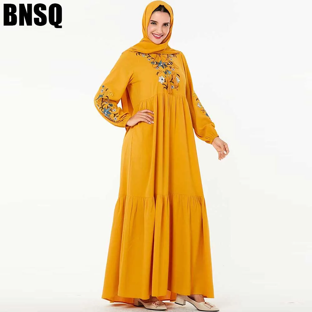 BNSQ мусульманская вышивка Макси платье труба рукав абайя длинные халаты Туника