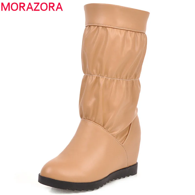 MORAZORA/2020 новые женские сапоги до середины икры с круглым носком на танкетке