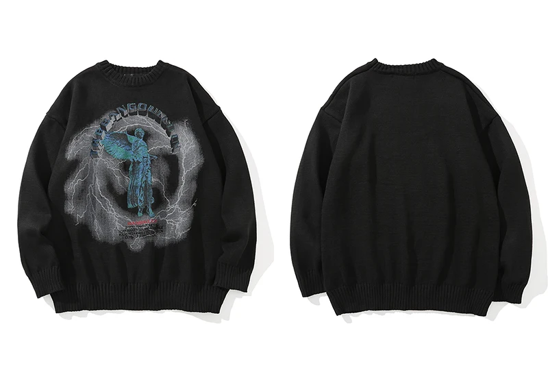 

Men Hip Hop Knitted Jumper Sweaters Angel Lightning Printed Streetwear Harajuku Autumn Oversize Hipster Casual Pullovers