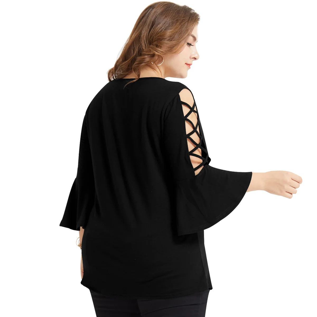 

Women's Plus Size Hollowed-out Trumpet Sleeve T-shirt Elegant Ladies Solid Color O Neck Flare Sleeve Oversized Blouses Tops