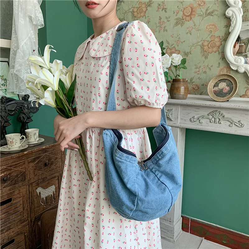 

Повседневная джинсовая сумка-хобо, вместительные студенческие сумки через плечо для девушек, женская сумка-мессенджер