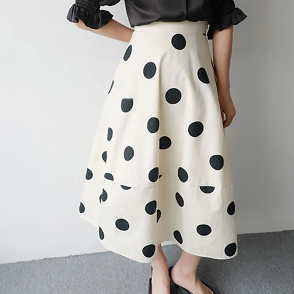 

Retro Women Polka Dot Micro-puff Over The Knee Skirt Pockets Both Sides Of The Women's Bottom Elegant Female Skirts 2021 Hot