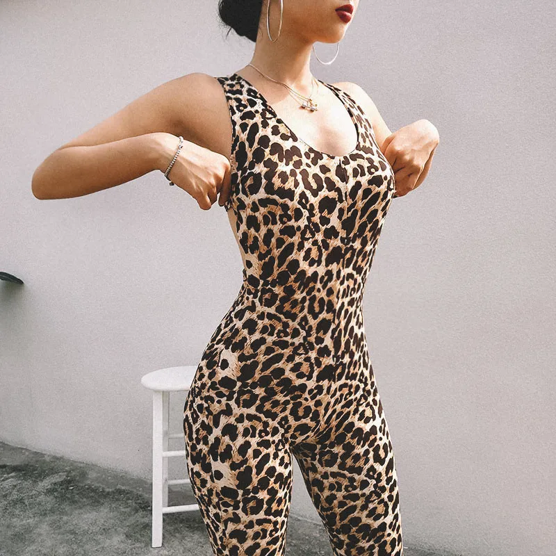 Lady Sexy Leopard Jumpsuits Women Fashion Off Shoulder Back Bandage Hollow Out Fitness Jumpsuit Rompers |