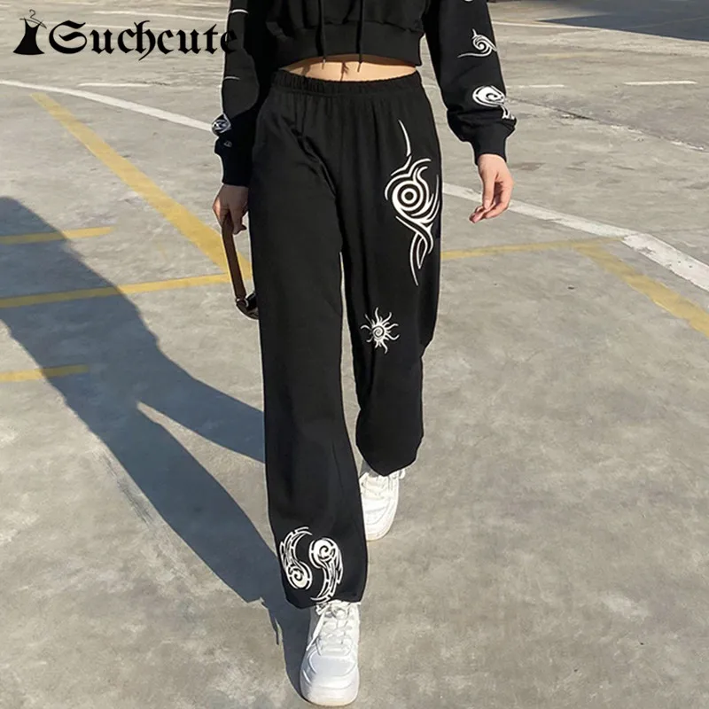

SUCHCUTE Gothic Print Women Pencil Pants Casual Hight Street Black Sweatpants Fashion Girl Hip Hop Trousers Joggers 90s Harajuku