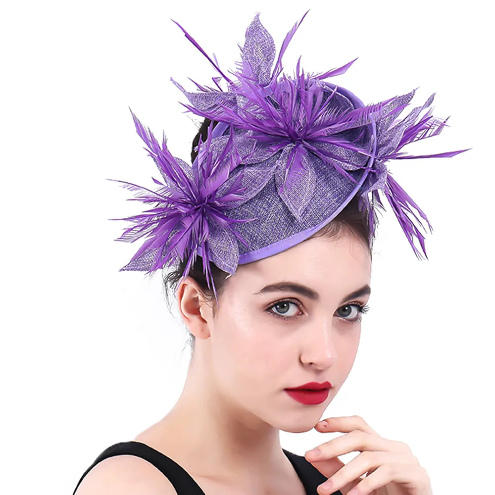 

Lavender Imitation Sinamay Fascinators 2020 New Elegant Ladies Feather Floral Hat Hairclips Wedding Party Derby Hair Accessories