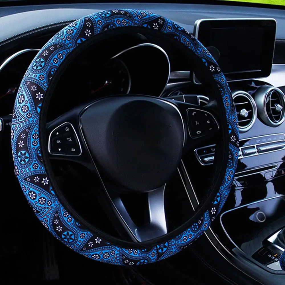 

Steering Wheel Cover Bohemia Style Floral Print14.5-15 In Diameter 4 Seasons Use Fashionable Anti-slip Steering Wheel Cover