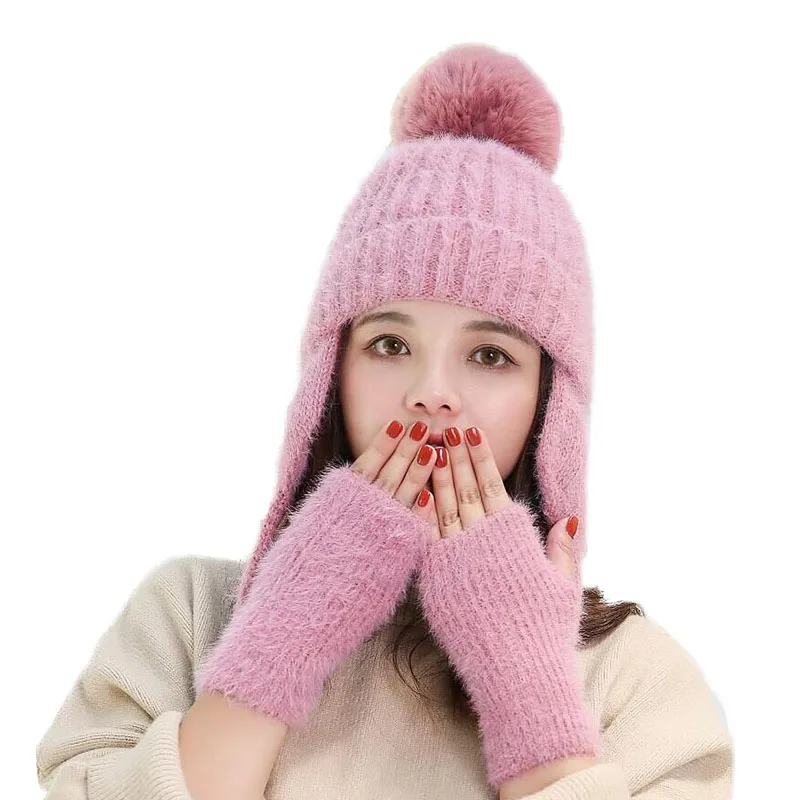 

Girl Thicken Winter Ski Beanie New Brand Fur Pom Poms Sweet Skullies Knitted Hats Women Hat Female Warm Gloves + Knit Hat