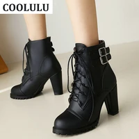 coolulu white lace up block high heel ankle boots women shoes chunky heel winter booties round toe ladies casual plush size