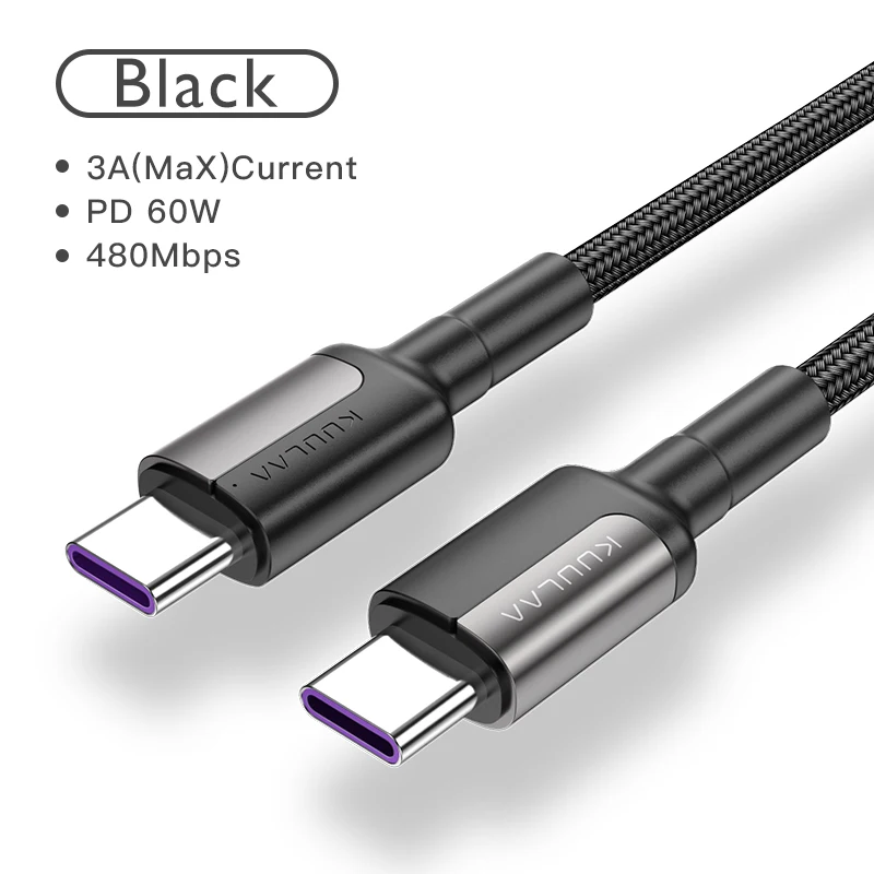 Black KUULAA usb type-C-USB C кабель для Xiaomi Mi 8 9 60 Вт PD QC 4,0 USBC Быстрая зарядка USB-C для Macbook samsung Galaxy S10 S9 type-C - Цвет: Black