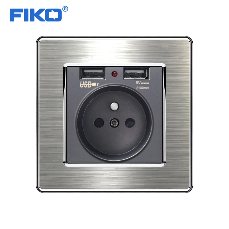 

FIKO French Standard Household 16A Electrical Outlet wall switch stainless steel panel With Dual USB Charger Port for Mobile