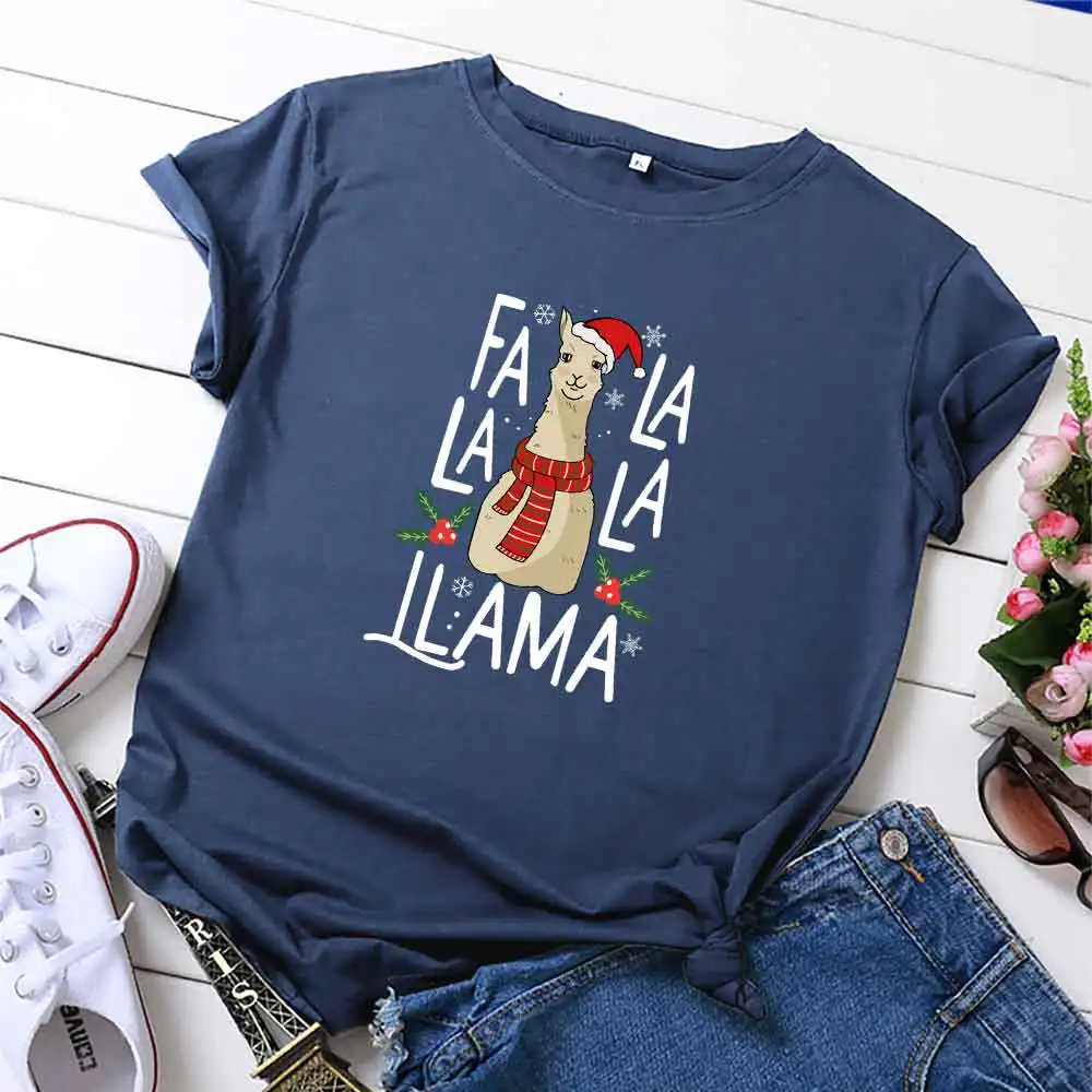 

Summer Women's Shirt 100% Cotton Christmas Alpaca T-shirt S-5XL Plus Size Print Women Oversized T-shirt O-neck Short Sleeve Tops