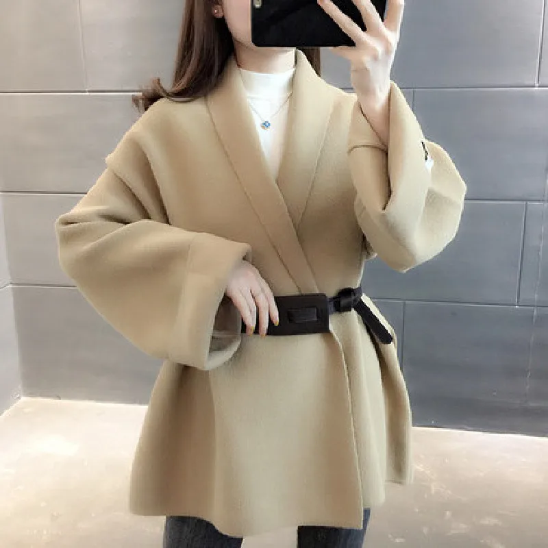 

Женское двухстороннее шерстяное пальто, однотонное Свободное пальто из дикой шерсти, модель A711 в Корейском стиле на весну и осень, 2021