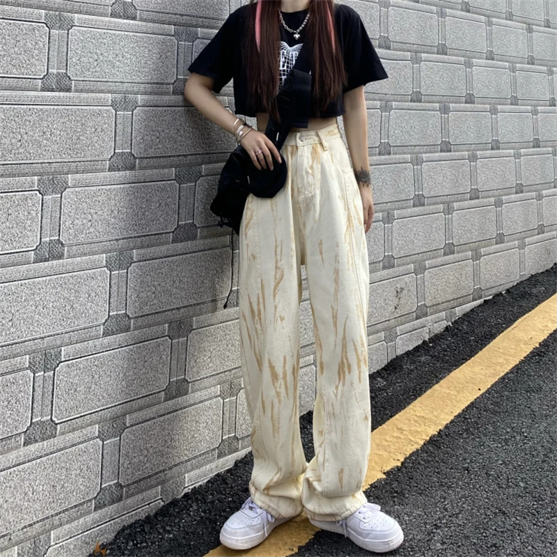 

Women's Jeans High Waist Sense of Design Tie Dye Streetwear Baggy Vintage Mom Wide Leg Casual 2021 Summer Straight Denim Pants