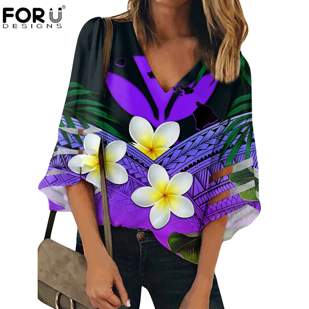 

FORUDESIGNS Half Sleeve Breathable Summer Fashion Casual Shirt Plam Tree Flower Polynesian Prints V-Neck Women Loose Tops Blusas