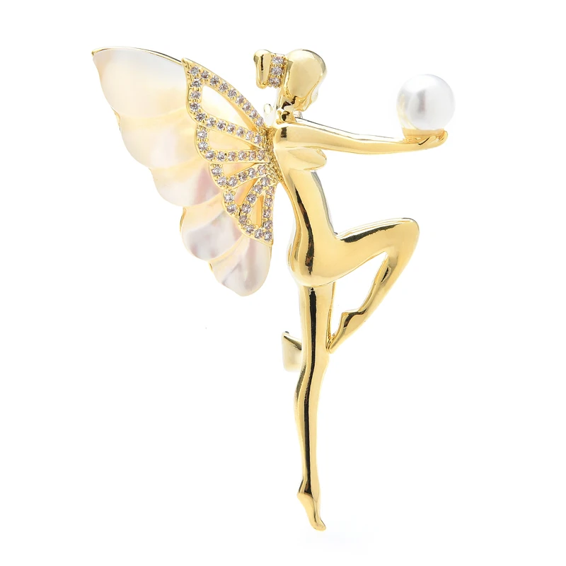 

Wuli&baby Holding Pearl Butterfly Fairy Brooches For Women Unisex High Quality Natural Shell Angel Party Office Brooch Pins