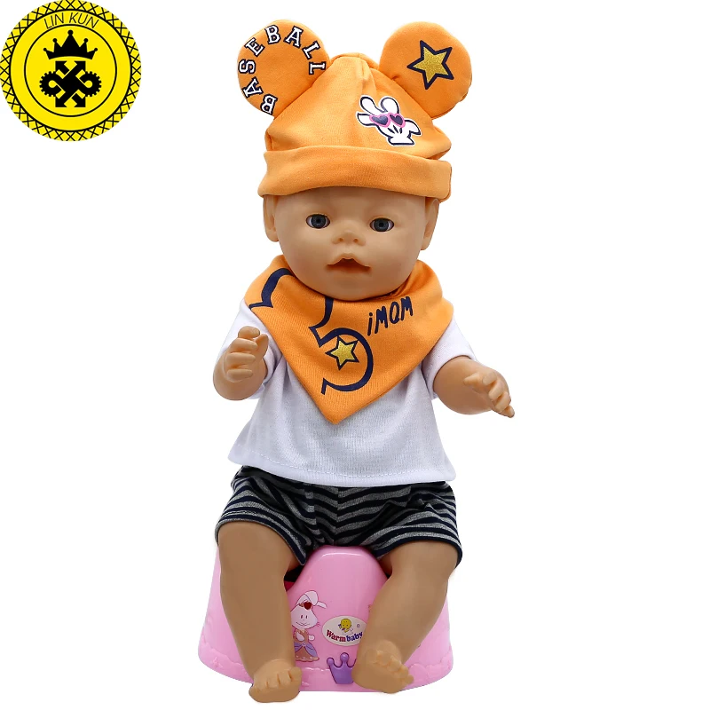 

LIN KUN Baby Doll Clothes Cute T-shirt + Shorts + Hat + Bibs Suit Fit 43cm Baby 16-18 inch Doll Accessories T-12
