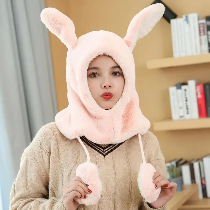 Зимняя Толстая шапка для девочек шарф капюшон с заячьими ушками милые теплые