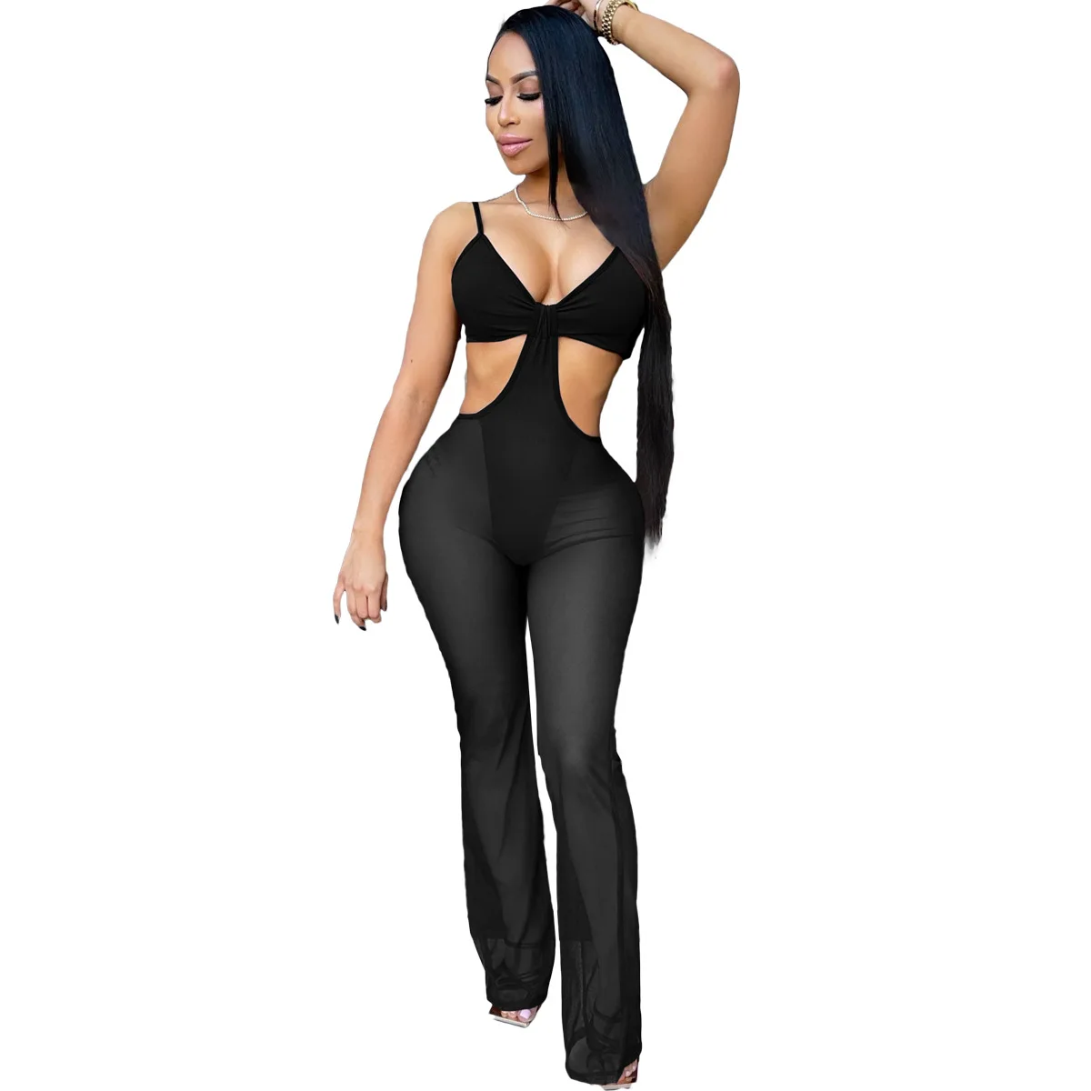 Женщины без рукавов со сборками из ажурной ткани комбинезон однотонные Цвет