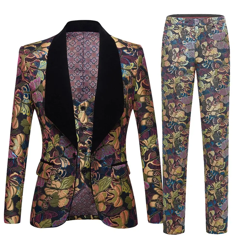 

Men's Jacquard suit Butterfly flower Latest Coat Pant Designs Slim Fit 3 Piece Tuxedo Groom Style Suits Custom Prom Party Blazer