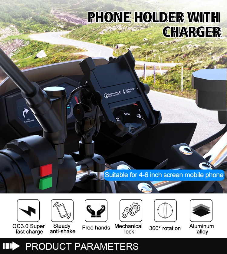 

Motorcycle Universal Mobile Phone Bracket Waterproof Qc3.0 Intelligent Recognition Fast Filling Aluminum Mobile Phone Bracket