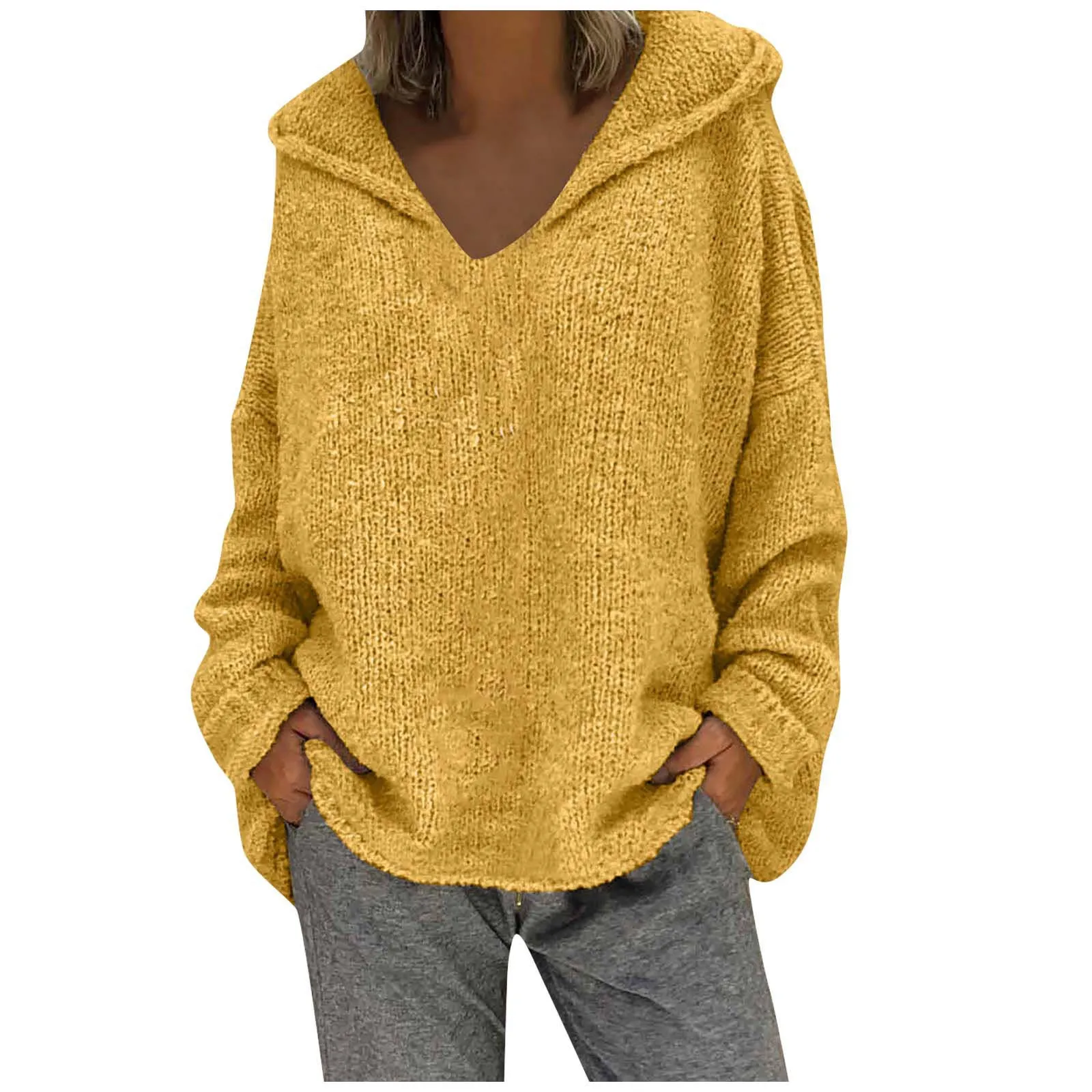 

Women Fashion Loose Large Size Solid Color Hood Long Sleeves Sweater Tops Women Sweaters Solid Elastic Long Sleeve Knitted