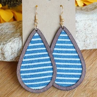 wooden frame denim stripe earrings for women 2021 new stylish cloth fastened natural wood earrings western style