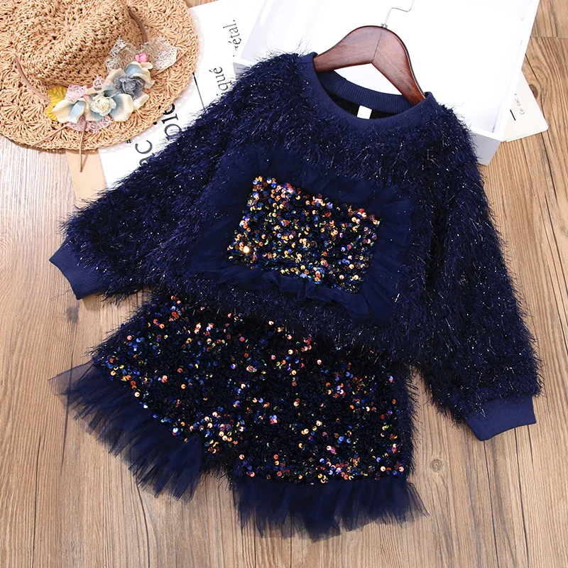 Зимний комплект для девочек, новинка, Осенний трендовый комплект одежды из 2 предметов с бархатными блестками и марлевой ткани, детская одежда, топ + короткие штаны, одежда, P395