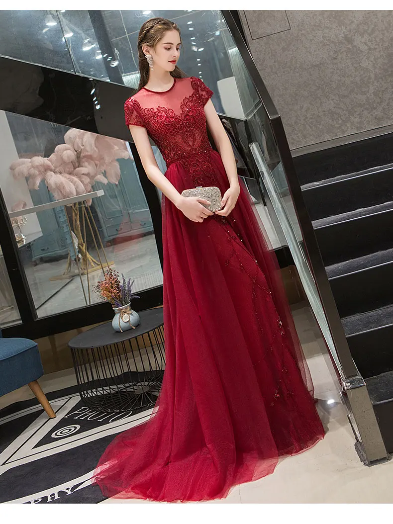

2019 Cap Sleeve High Neck Red Colour Beadings Mermaid Evening Dress With Train