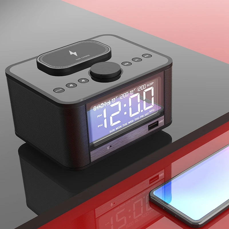 

Wireless Charging Alarm Clock Bluetooth Speaker FM Radio with LED Display EU Plug