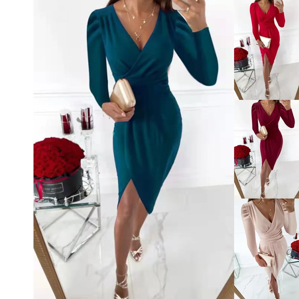 

2021 Autumn and Winter Long-sleeved V-neck Waist Bag Hip Fold Dress Women's Clothing