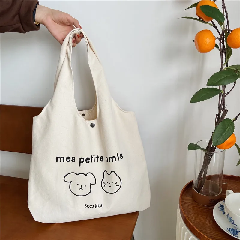 

Korea Cotton Cloth Canvas Shoulder Bag Women Letters Print Tote Bag Cute Cartoon Pigs Vest Handbag Large Shopping Bag For Girl