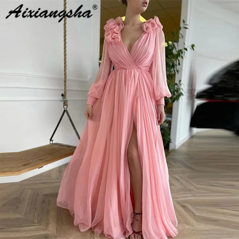 

Aixiangsha Evening Dresses V Neck Puffy Full Sleeve High Slit Vestido Lovely Pink Pleat Ruched Robe De Soiree Fairy