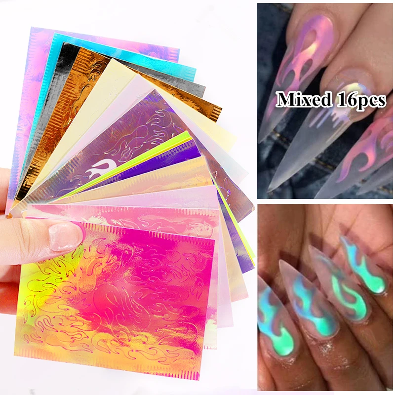 

16Sheets/Set Aurora Flame Nail Sticker Holographic Colorful Fire Reflections Self-Adhesive Foils DIY Nail Art Decoration Sticker