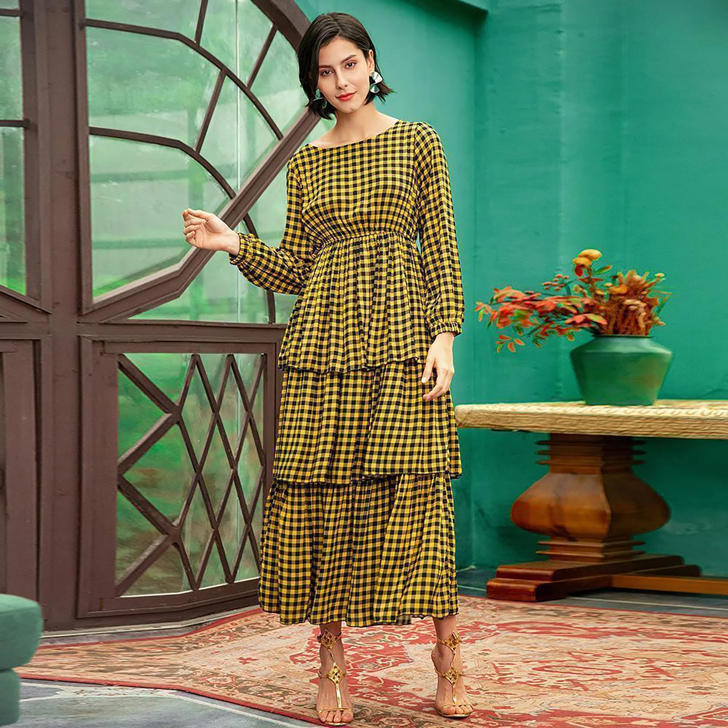 

Women's Dress Full Length Yellow Plaid Ball Gown Simple O-Neck Female One-piece Dress Artsy Side Autumn High Waist Vestidos