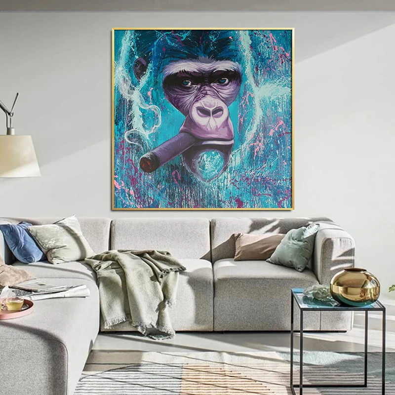 

Orange Turquoise Gorilla Smoking Graffiti Canvas Painting Abstract Street Art Print Poster Living Room Home Decor Wall Picture