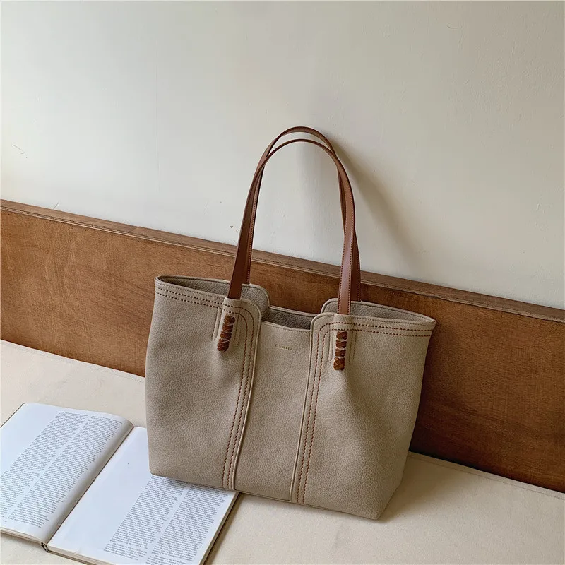 

Matte Color Retro Large Tote Shopper Bag Simple Korean Style Pu Leather Women Handbag Big Commuter Office Lady Shoulder Bag