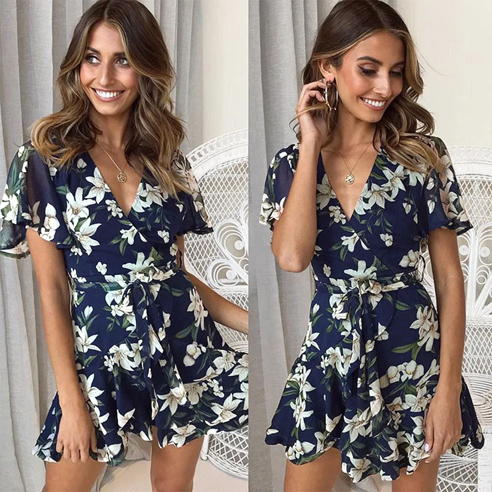 

2021 European and American spring and summer hot style three-color short-sleeved deep V print sexy dress