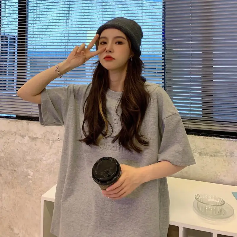 

YTX1474 2021 new BF wind three-dimensional letters loose mid-length couple large size short-sleeved T-shirt